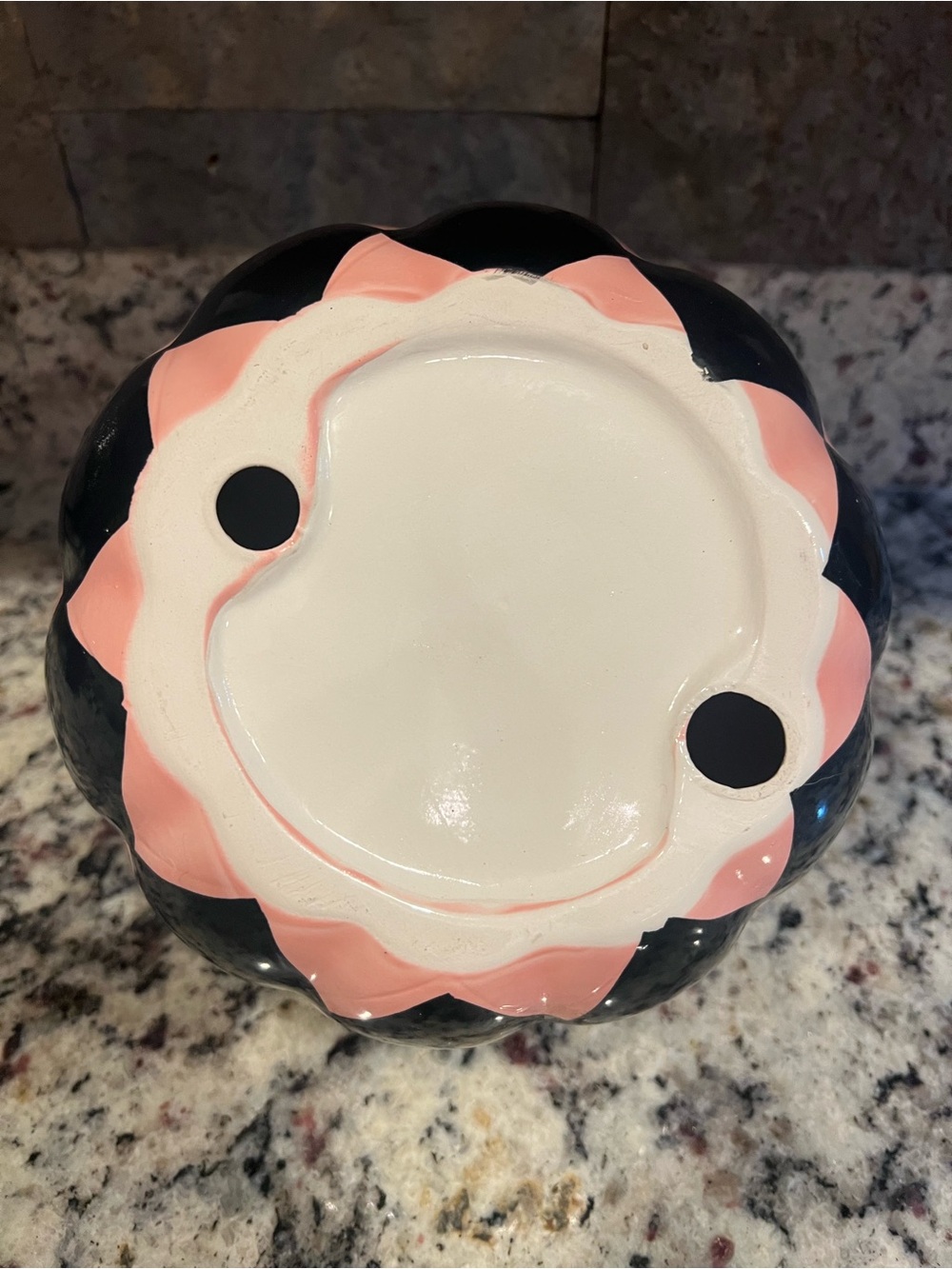 Black and Pink Harlequin Pumpkin. Glossy finish with a Gold stem. Like new! - Picture 5 of 8